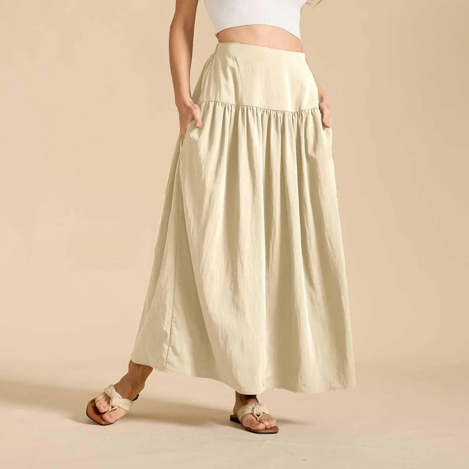 Oplxuo Maxi Skirts for Women Elastic High Waisted Tiered Long Skirt Solid Color Summer Vacation Casual Flowy Skirts