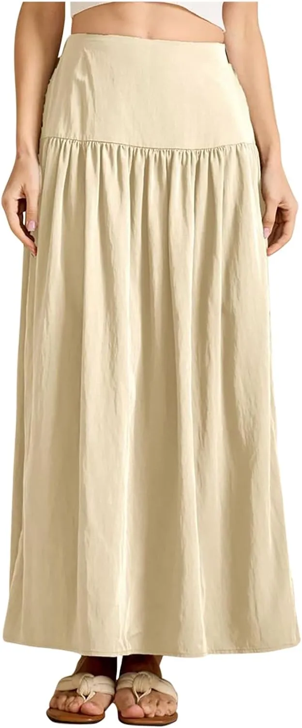 Oplxuo Maxi Skirts for Women Elastic High Waisted Tiered Long Skirt Solid Color Summer Vacation Casual Flowy Skirts