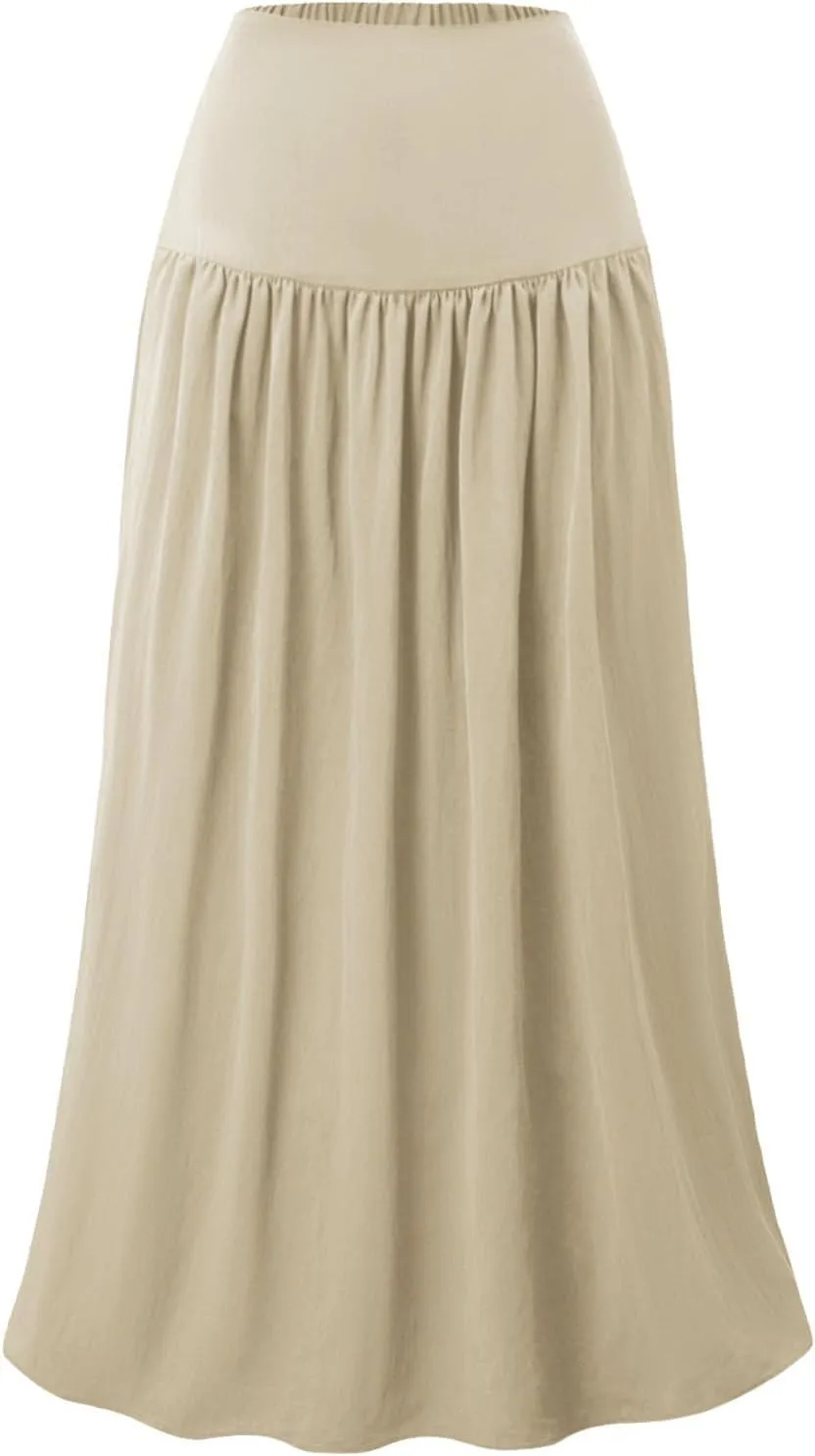 Oplxuo Maxi Skirts for Women Elastic High Waisted Tiered Long Skirt Solid Color Summer Vacation Casual Flowy Skirts