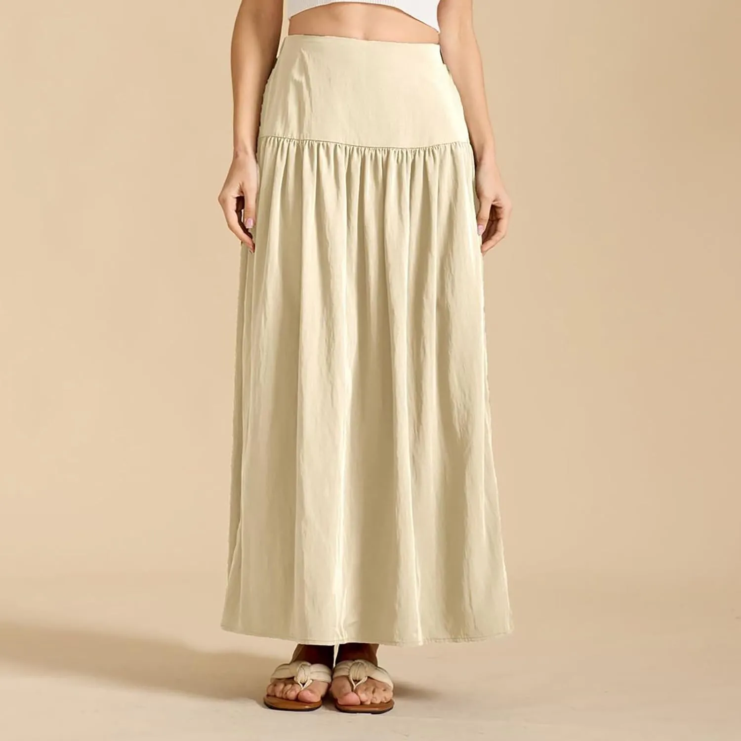 Oplxuo Maxi Skirts for Women Elastic High Waisted Tiered Long Skirt Solid Color Summer Vacation Casual Flowy Skirts
