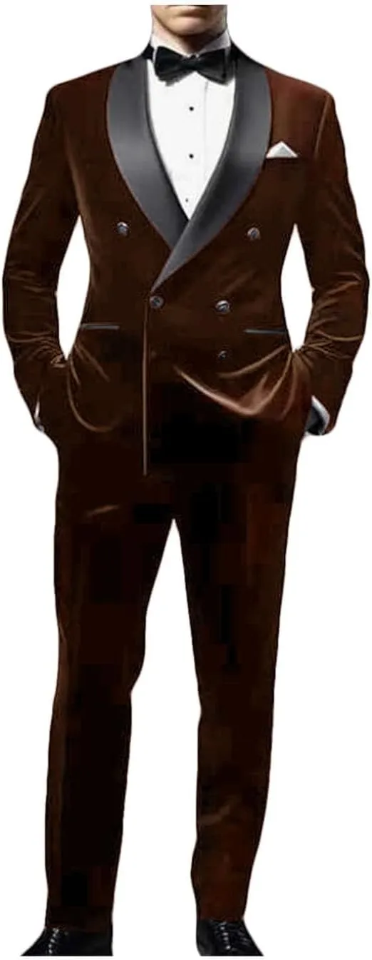 ORBITRAY Men's Velvet Suit 2025 Double Breasted Peaked Lapel Slim Fit Prom Suits for Men