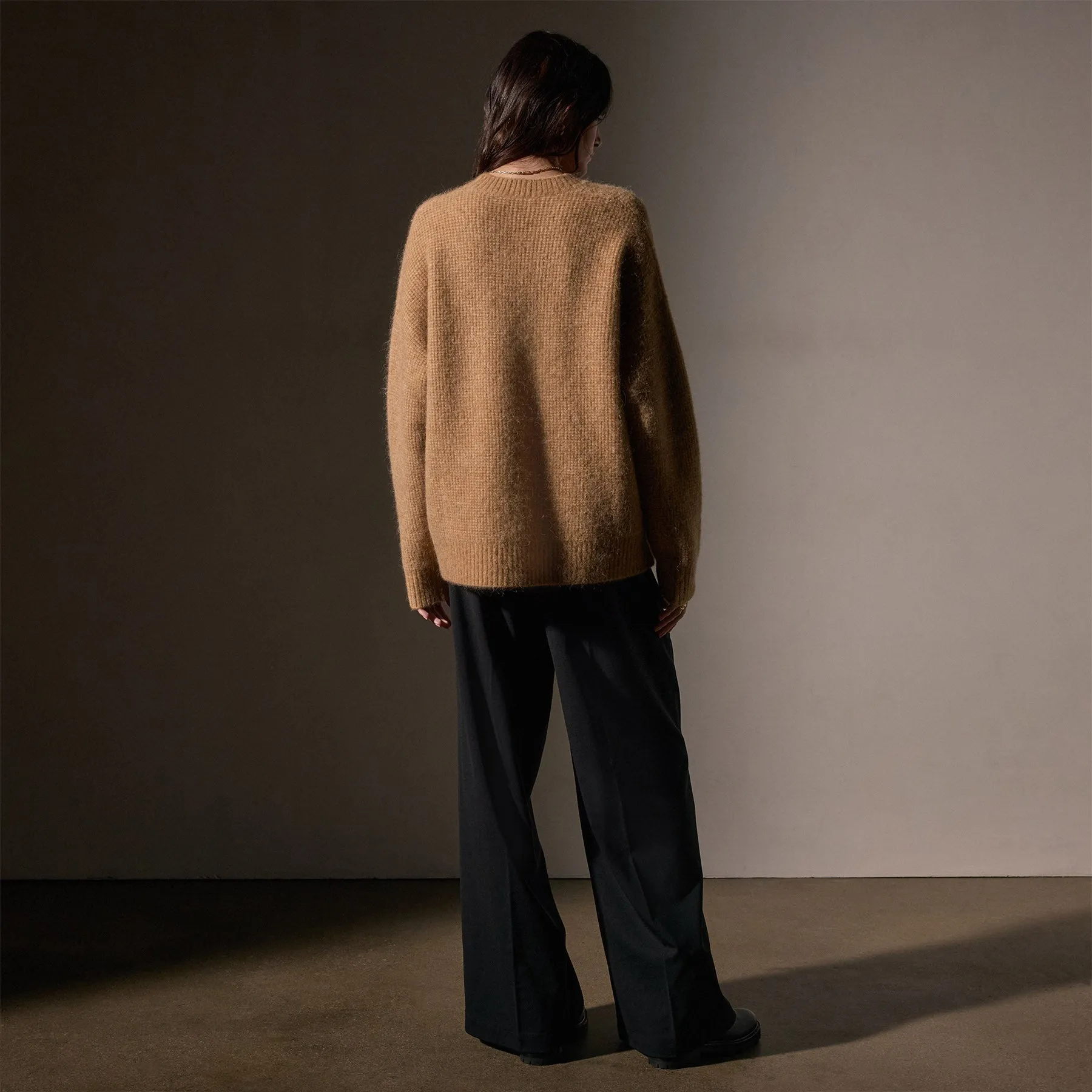 Oversized Waffle Knit Crew - Camel