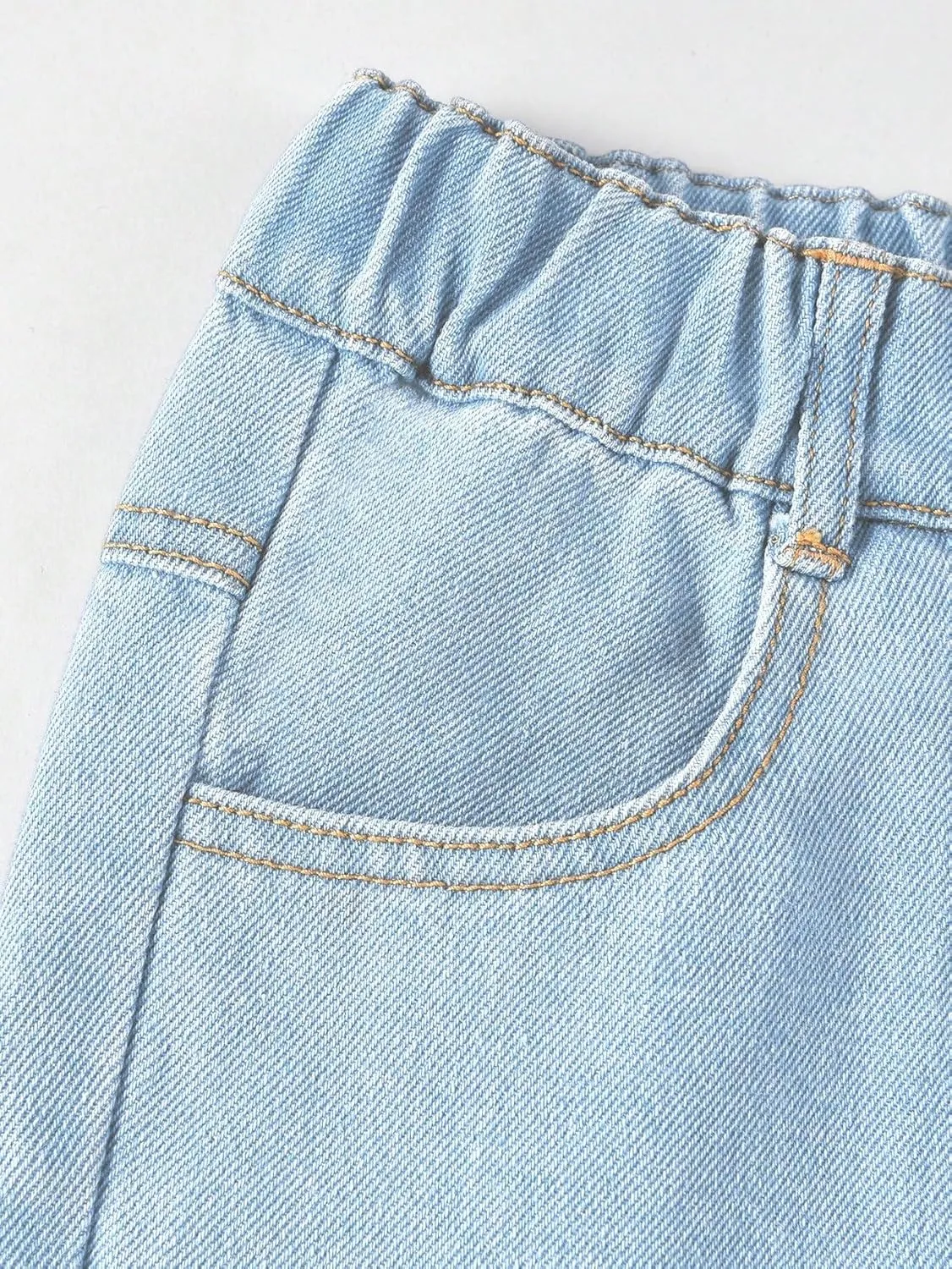 OYOANGLE Girl's Elastic Waist Flared Leg Denim Pants Raw Trim Bell Bottom Jeans with Pockets