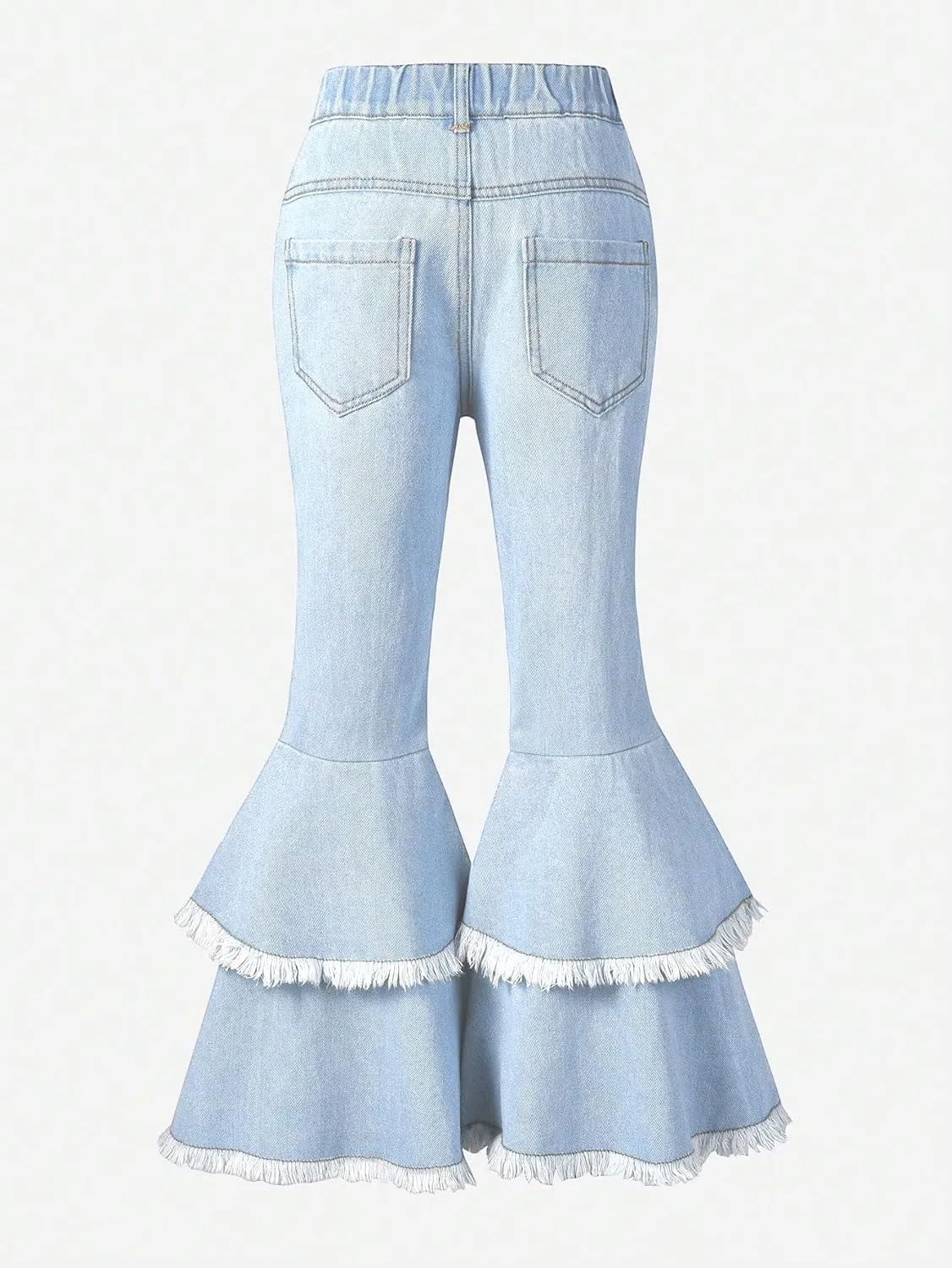 OYOANGLE Girl's Elastic Waist Flared Leg Denim Pants Raw Trim Bell Bottom Jeans with Pockets