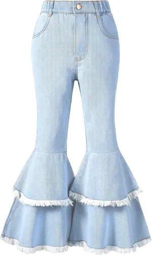 OYOANGLE Girl's Elastic Waist Flared Leg Denim Pants Raw Trim Bell Bottom Jeans with Pockets