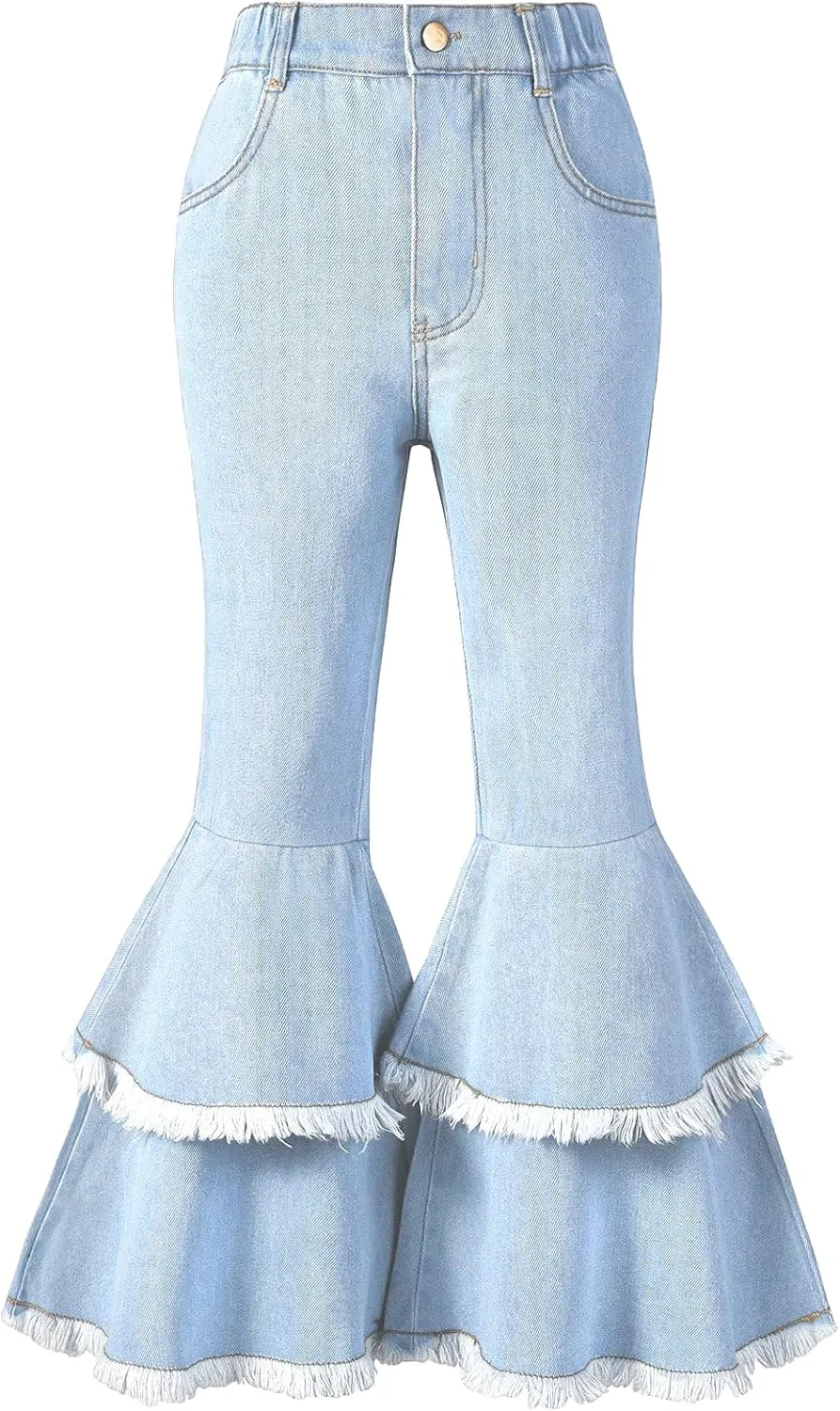 OYOANGLE Girl's Elastic Waist Flared Leg Denim Pants Raw Trim Bell Bottom Jeans with Pockets