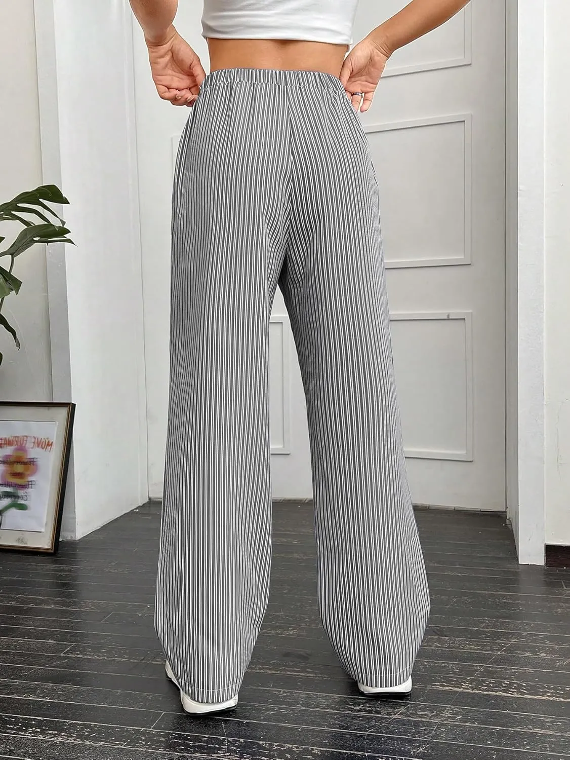 OYOANGLE Women's Straight Wide Leg Trousers Striped Print Letter Patched Detail High Waist Y2K Fashion Pants