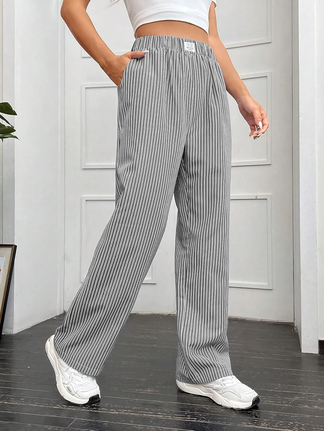 OYOANGLE Women's Straight Wide Leg Trousers Striped Print Letter Patched Detail High Waist Y2K Fashion Pants