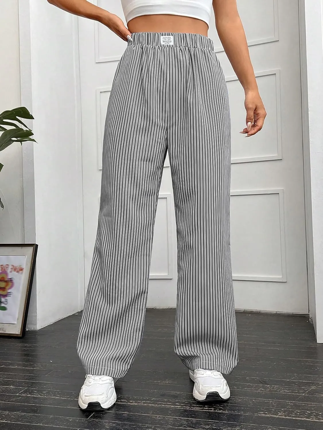 OYOANGLE Women's Straight Wide Leg Trousers Striped Print Letter Patched Detail High Waist Y2K Fashion Pants