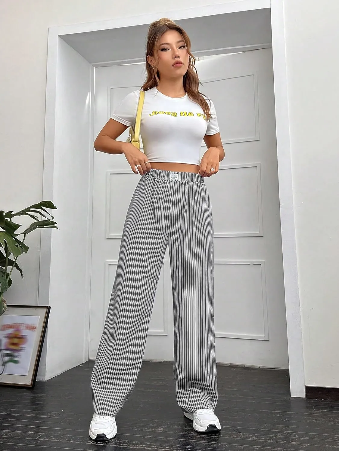 OYOANGLE Women's Straight Wide Leg Trousers Striped Print Letter Patched Detail High Waist Y2K Fashion Pants