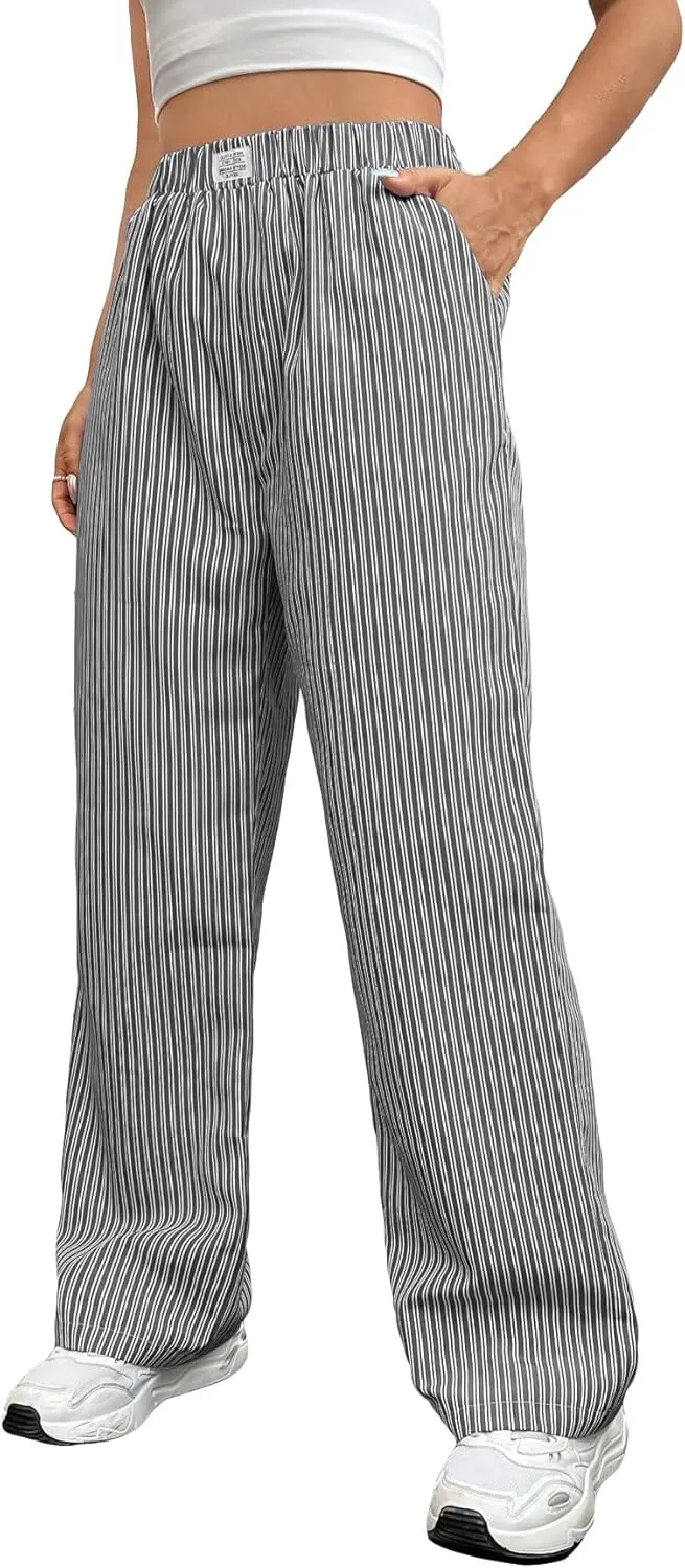 OYOANGLE Women's Straight Wide Leg Trousers Striped Print Letter Patched Detail High Waist Y2K Fashion Pants
