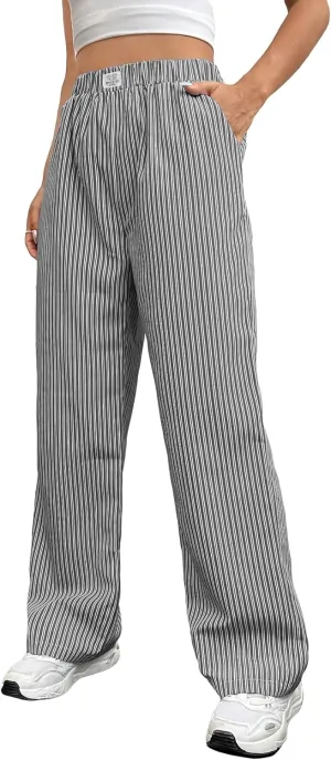 OYOANGLE Women's Straight Wide Leg Trousers Striped Print Letter Patched Detail High Waist Y2K Fashion Pants