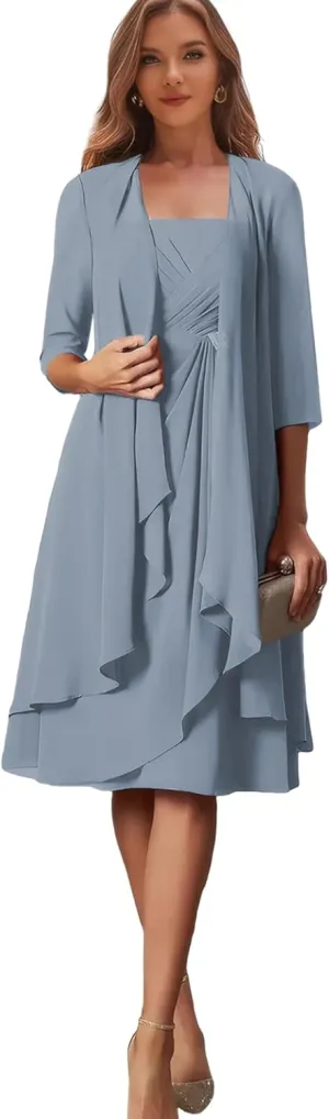 Petite Mother of The Bride Dresses Beach Wedding Chiffon Dusty Blue Formal Evening Gown with Sleeves Size 2