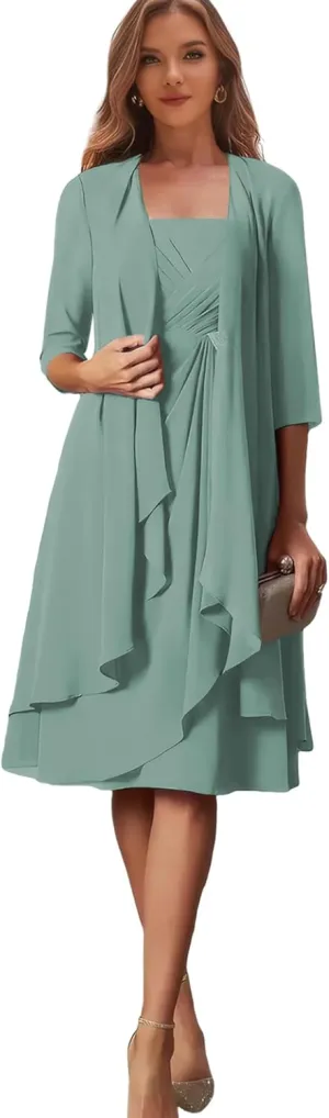 Petite Mother of The Bride Dresses Beach Wedding Chiffon Eucalyptus Formal Evening Gown with Sleeves Size 2