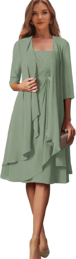 Petite Mother of The Bride Dresses Beach Wedding Chiffon Sage Green Formal Evening Gown with Sleeves Size 2