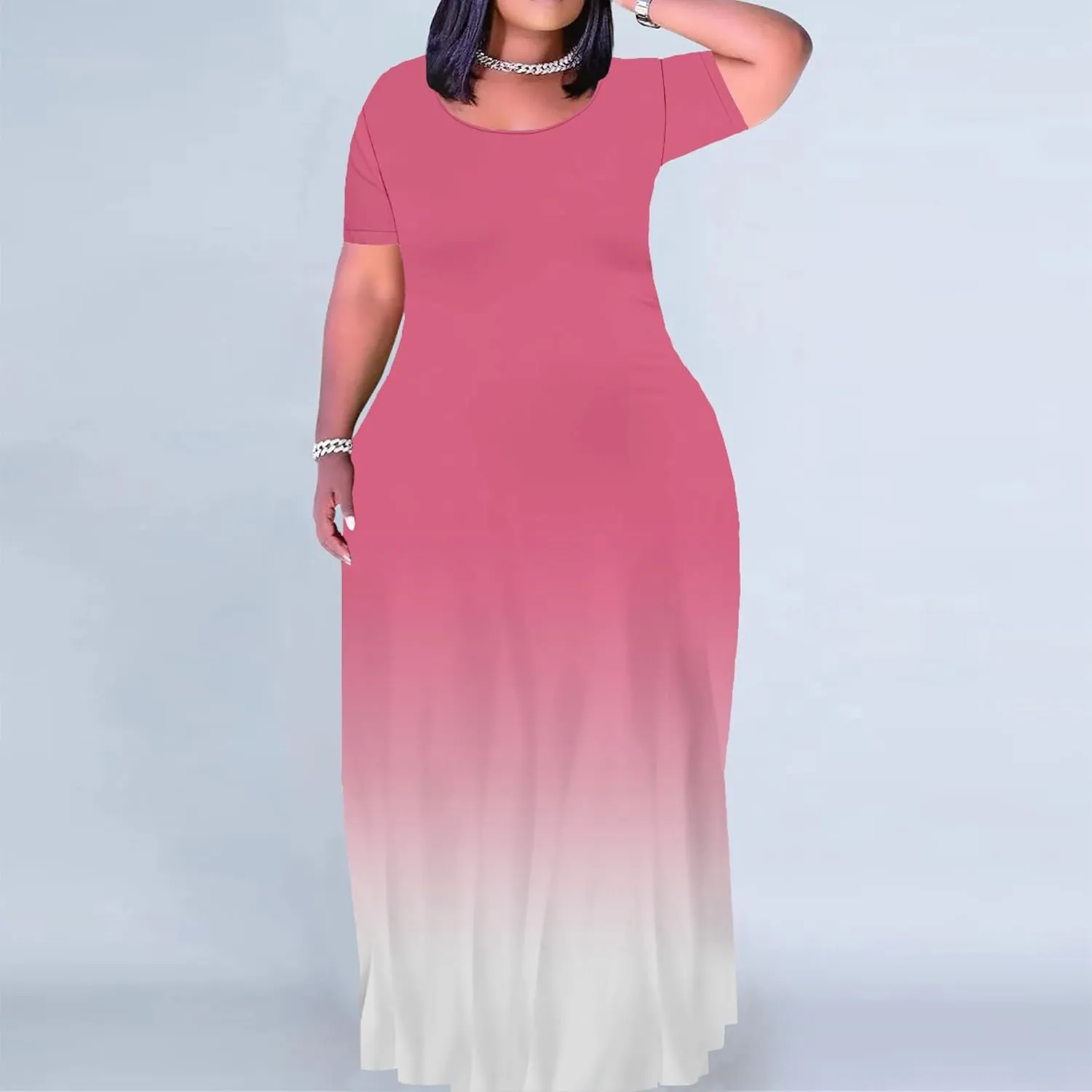 PinkPatty Women's Polka Dot Short Sleeve Maxi Dress Casual Long Dresses with Pockets Plus Size