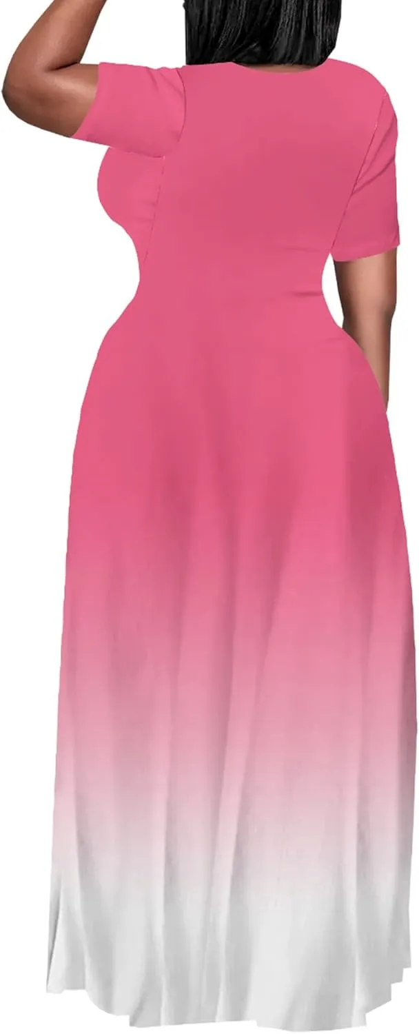 PinkPatty Women's Polka Dot Short Sleeve Maxi Dress Casual Long Dresses with Pockets Plus Size