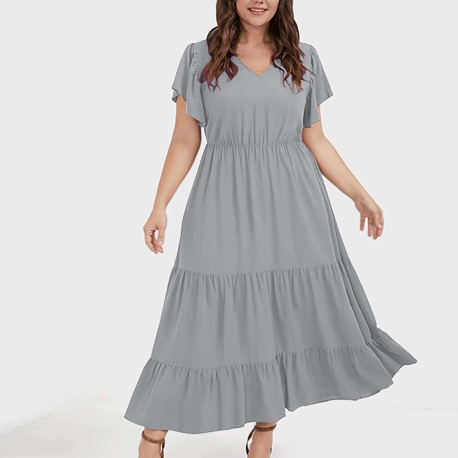 Plus Size Summer Dress for Women, Ruffle Short Sleeve V Neck Swing Dress Flowy Boho Casual A-Line Tiered Midi Dresses