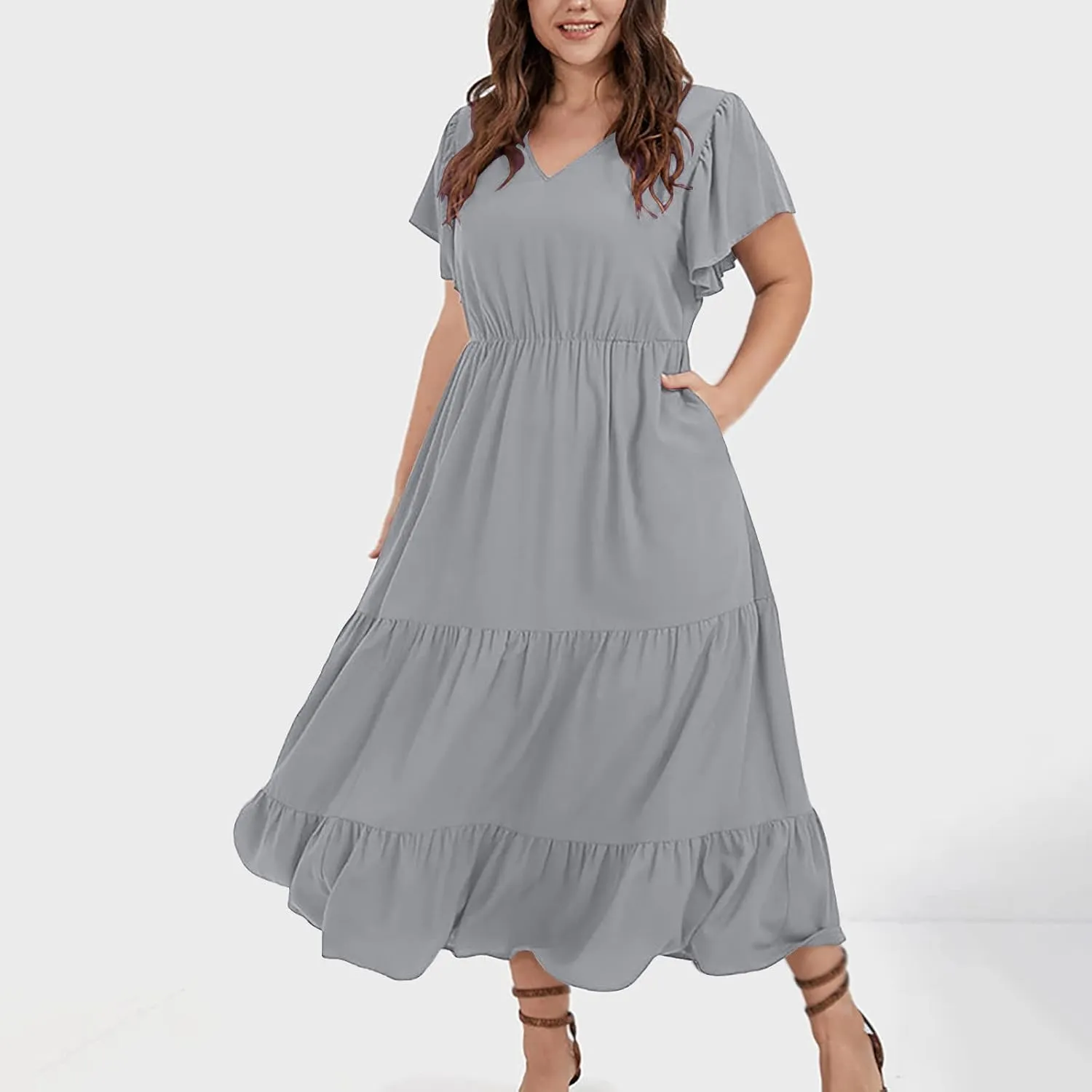 Plus Size Summer Dress for Women, Ruffle Short Sleeve V Neck Swing Dress Flowy Boho Casual A-Line Tiered Midi Dresses