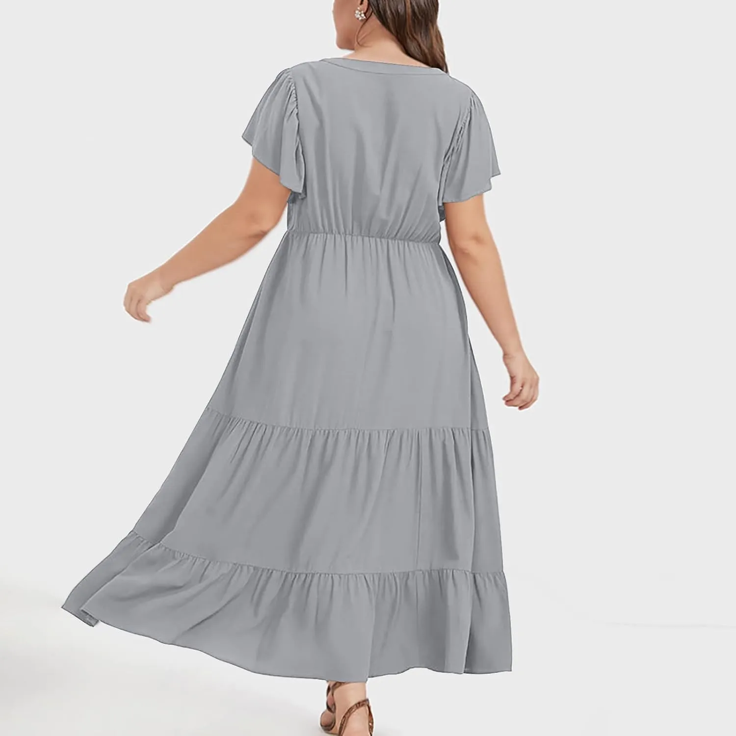Plus Size Summer Dress for Women, Ruffle Short Sleeve V Neck Swing Dress Flowy Boho Casual A-Line Tiered Midi Dresses