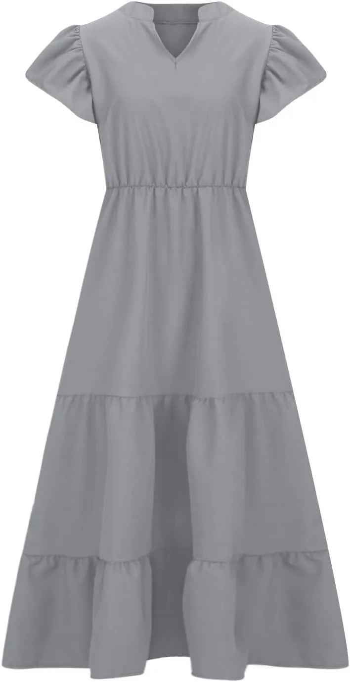 Plus Size Summer Dress for Women, Ruffle Short Sleeve V Neck Swing Dress Flowy Boho Casual A-Line Tiered Midi Dresses