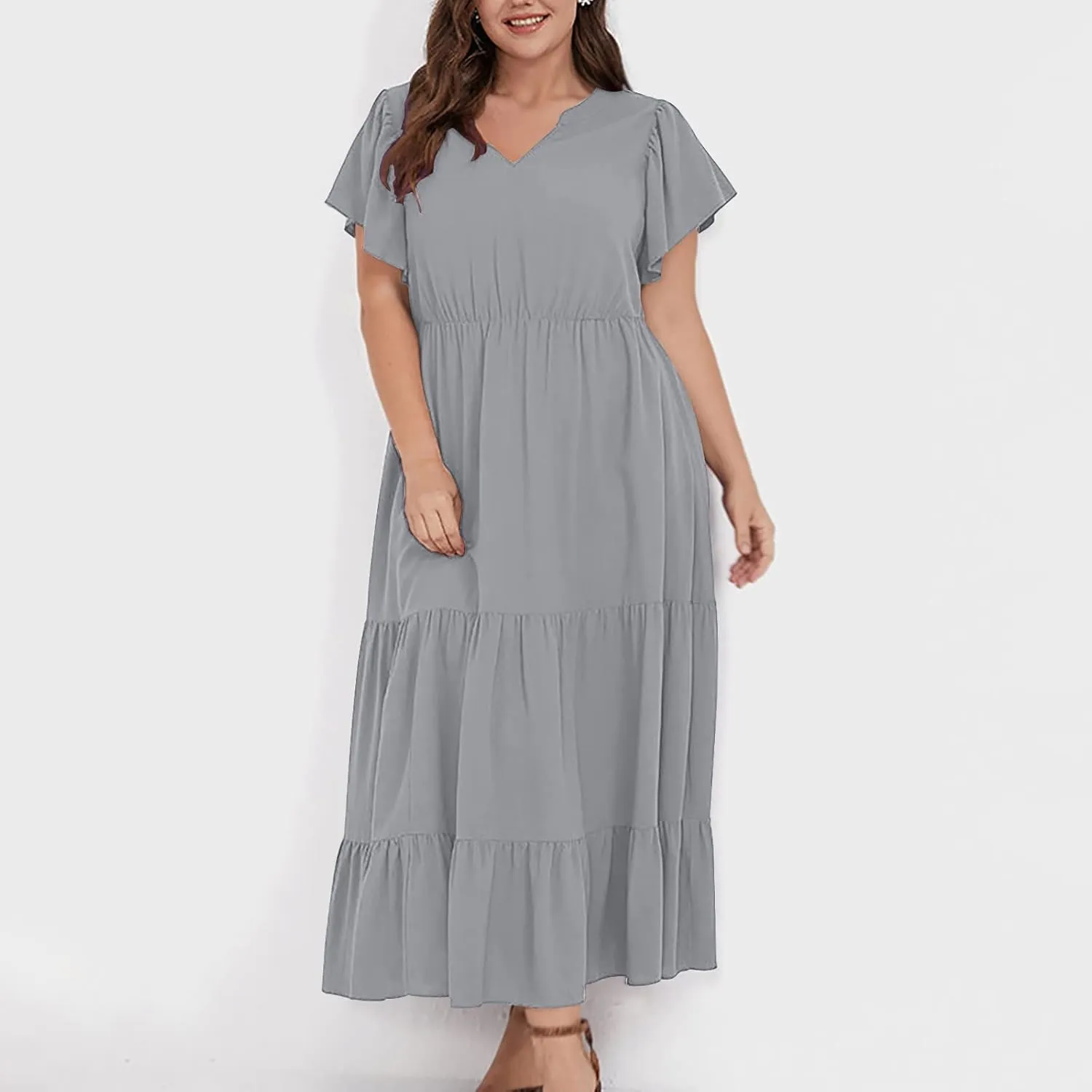 Plus Size Summer Dress for Women, Ruffle Short Sleeve V Neck Swing Dress Flowy Boho Casual A-Line Tiered Midi Dresses