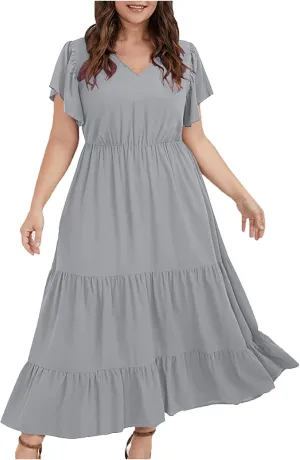 Plus Size Summer Dress for Women, Ruffle Short Sleeve V Neck Swing Dress Flowy Boho Casual A-Line Tiered Midi Dresses