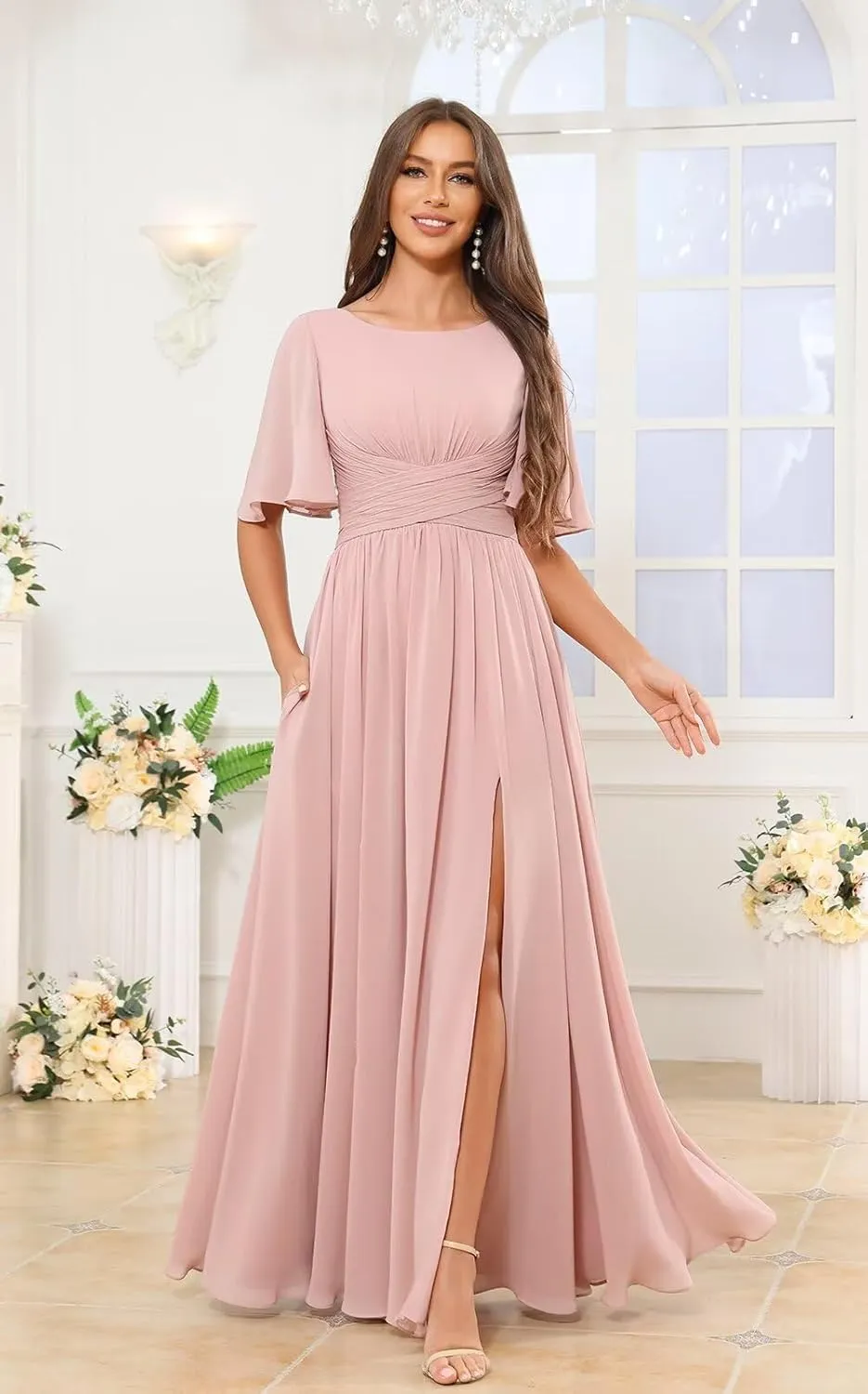 POMUYOO Short Sleeves Bridesmaid Dresses Long Slit Ruffle Chiffon Formal Dress for Wedding Guest