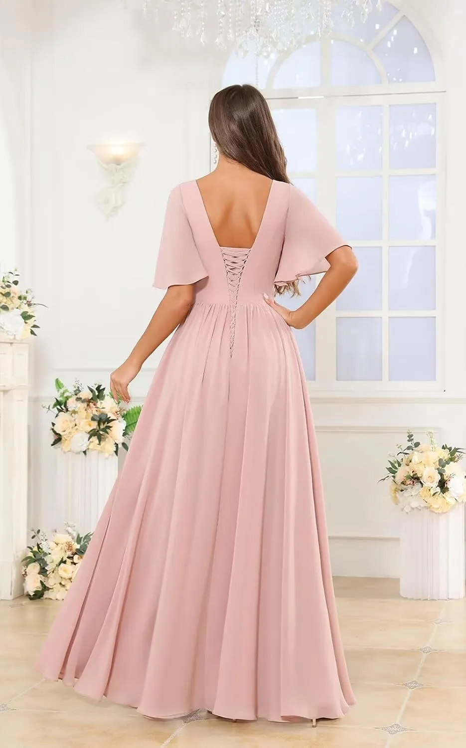 POMUYOO Short Sleeves Bridesmaid Dresses Long Slit Ruffle Chiffon Formal Dress for Wedding Guest