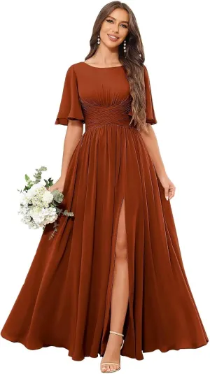 POMUYOO Short Sleeves Bridesmaid Dresses Long Slit Ruffle Chiffon Formal Dress for Wedding Guest