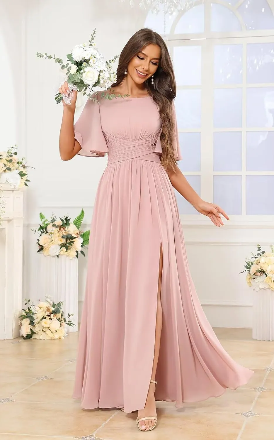 POMUYOO Short Sleeves Bridesmaid Dresses Long Slit Ruffle Chiffon Formal Dress for Wedding Guest