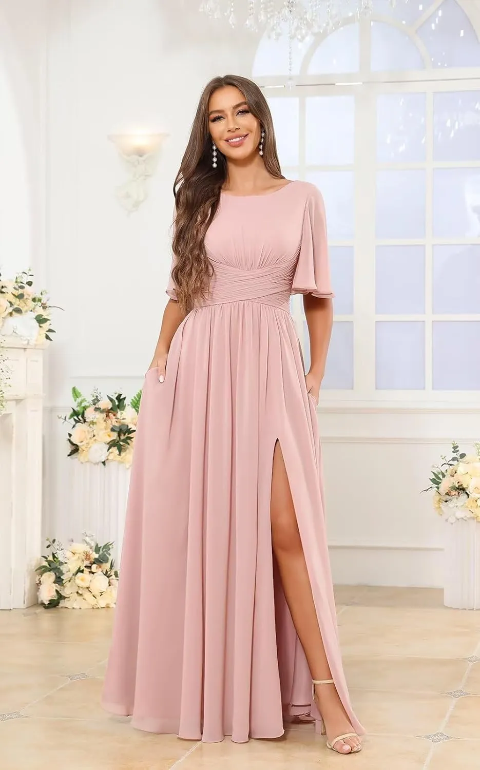 POMUYOO Short Sleeves Bridesmaid Dresses Long Slit Ruffle Chiffon Formal Dress for Wedding Guest