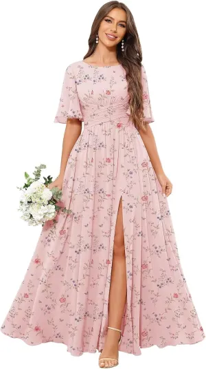 POMUYOO Short Sleeves Bridesmaid Dresses Long Slit Ruffle Chiffon Formal Dress for Wedding Guest