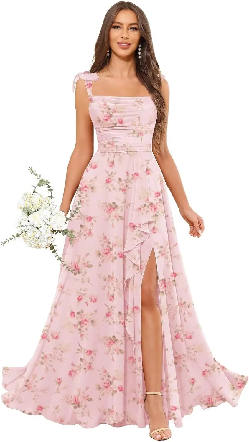 POMUYOO Spaghetti Straps Chiffon Bridesmaid Dresses for Women Long Pleated Formal Evening Prom Party Gown