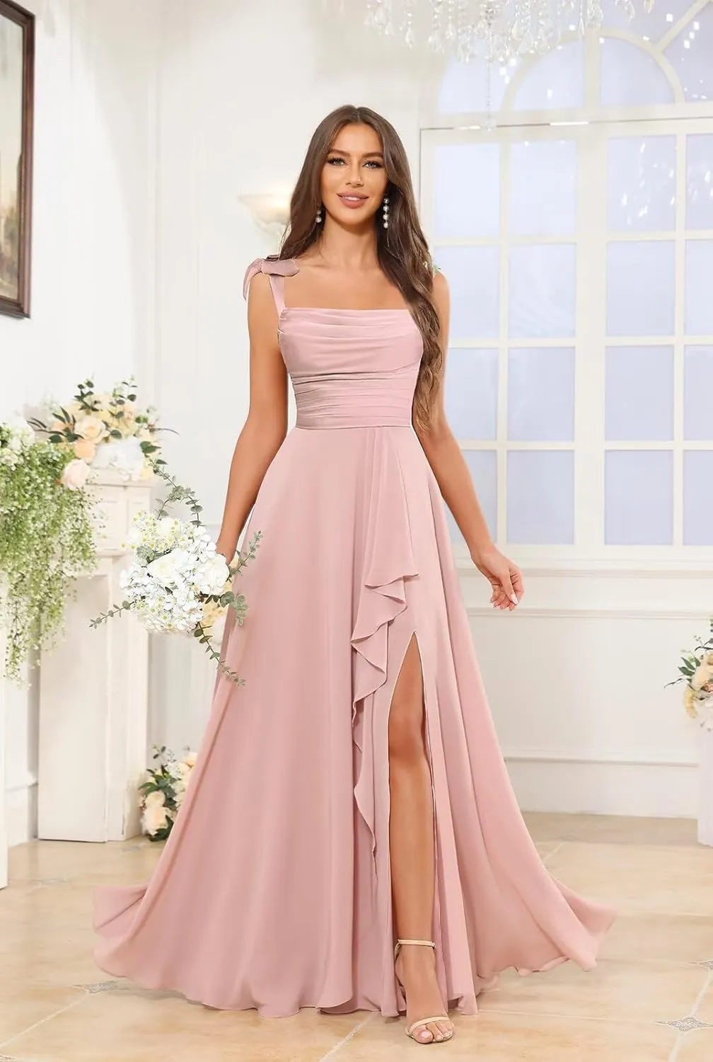 POMUYOO Spaghetti Straps Chiffon Bridesmaid Dresses for Women Long Pleated Formal Evening Prom Party Gown