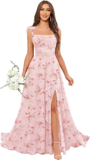 POMUYOO Spaghetti Straps Chiffon Bridesmaid Dresses for Women Long Pleated Formal Evening Prom Party Gown