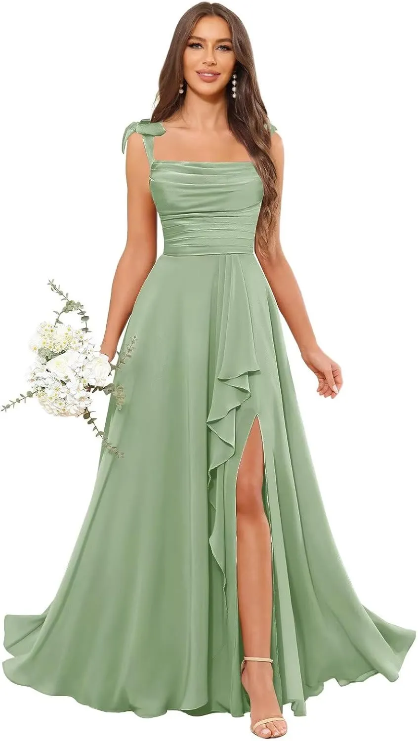 POMUYOO Spaghetti Straps Chiffon Bridesmaid Dresses for Women Long Pleated Formal Evening Prom Party Gown