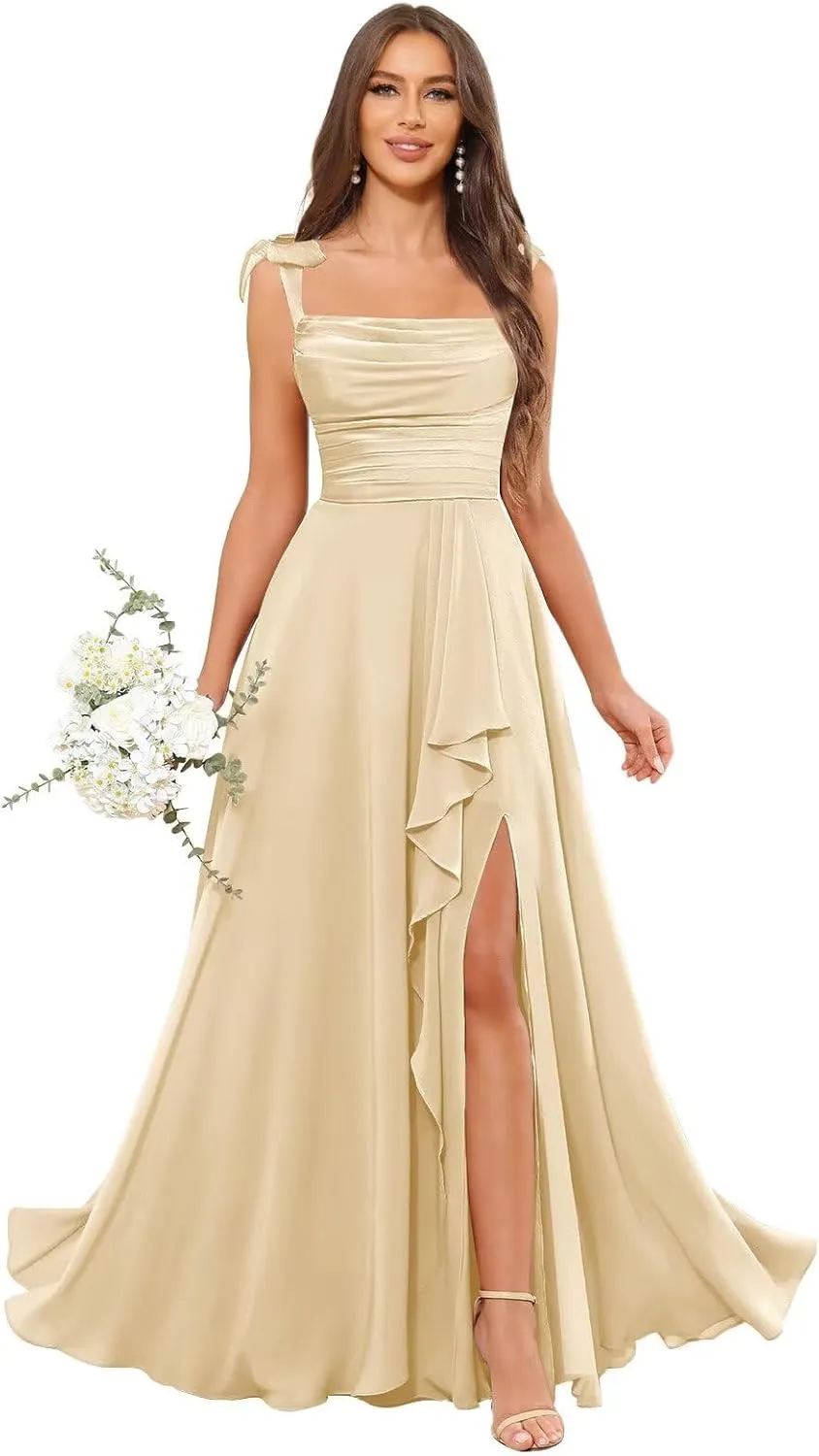 POMUYOO Spaghetti Straps Chiffon Bridesmaid Dresses for Women Long Pleated Formal Evening Prom Party Gown