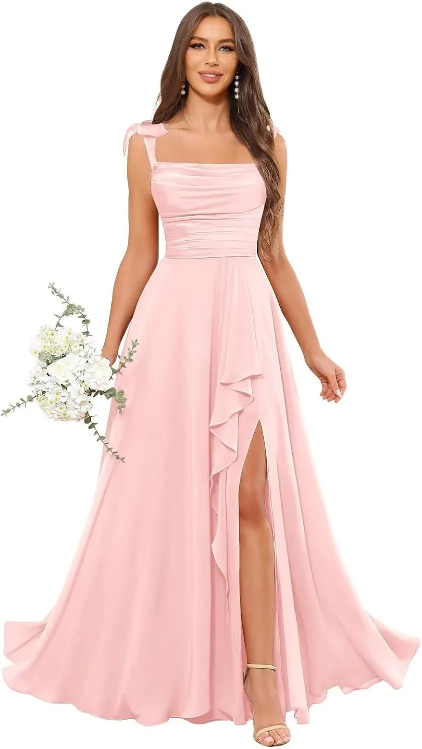 POMUYOO Spaghetti Straps Chiffon Bridesmaid Dresses for Women Long Pleated Formal Evening Prom Party Gown