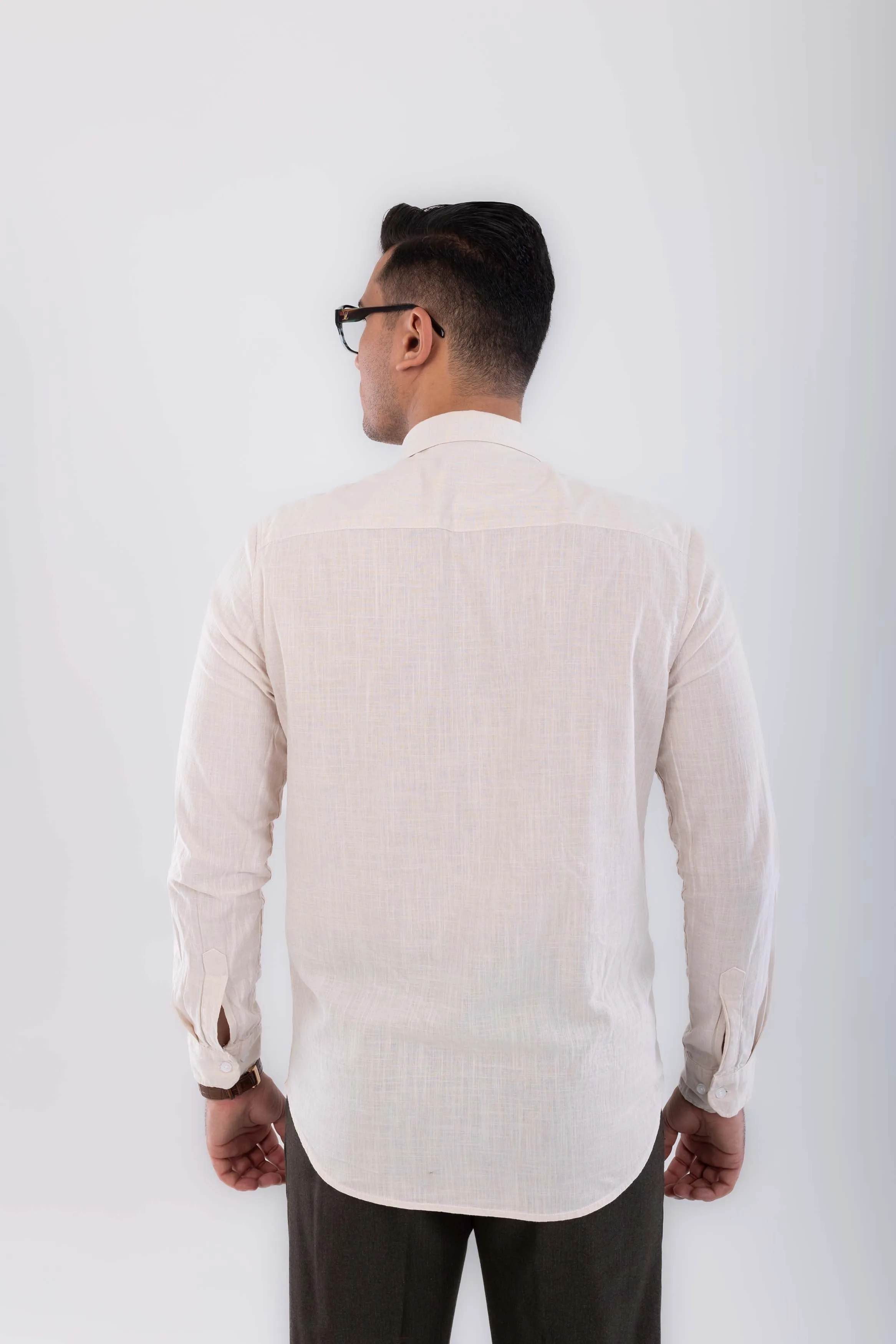 regular  fit button down collar  linen sleeve long-Beig