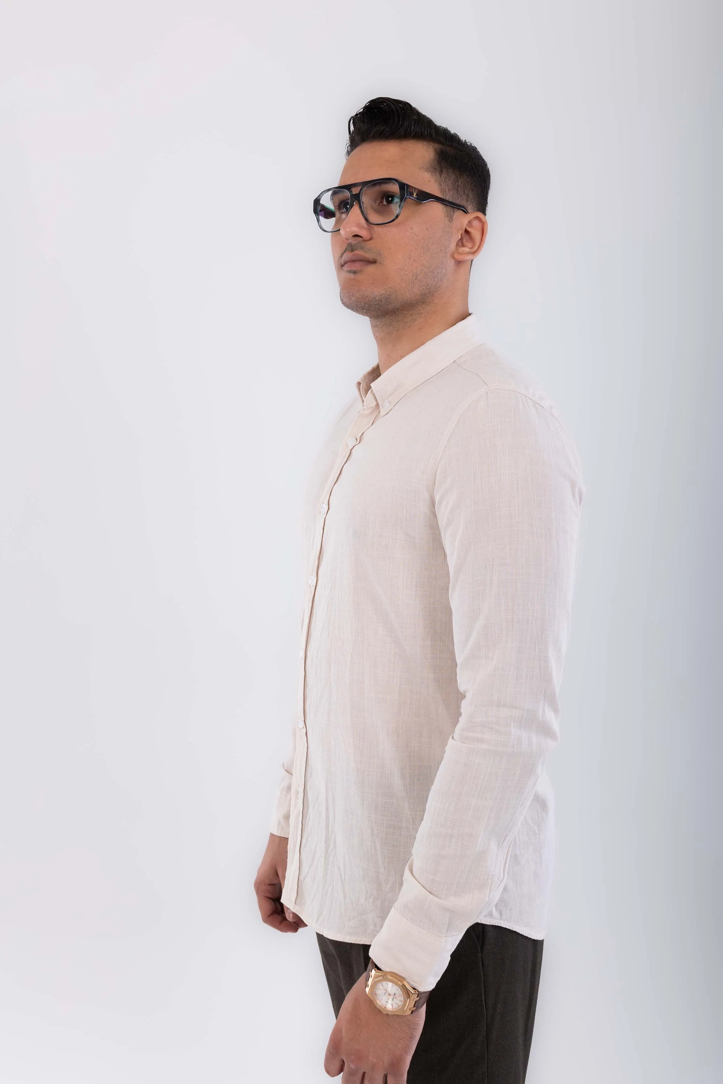 regular  fit button down collar  linen sleeve long-Beig