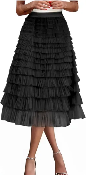 Ruffle Tiered Tulle Skirt for Women Elastic Waist Midi Mesh Skirts Elegant Party Wedding Outfits