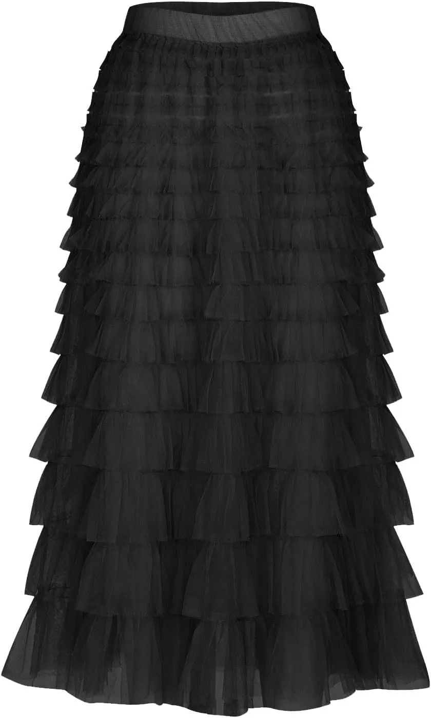 Ruffle Tiered Tulle Skirt for Women Elastic Waist Midi Mesh Skirts Elegant Party Wedding Outfits