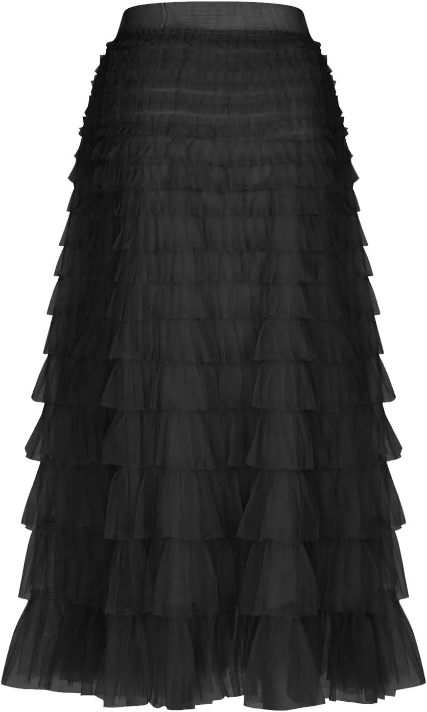 Ruffle Tiered Tulle Skirt for Women Elastic Waist Midi Mesh Skirts Elegant Party Wedding Outfits