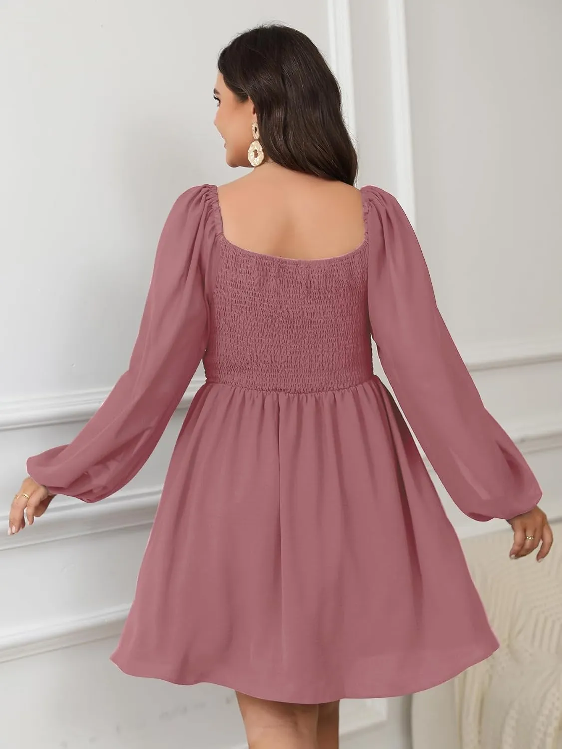 SCOMCHIC Women's Plus Size Puff Long Sleeve Dresses Sweetheart Neckline A Line Short Wedding Guest Cocktail Dress