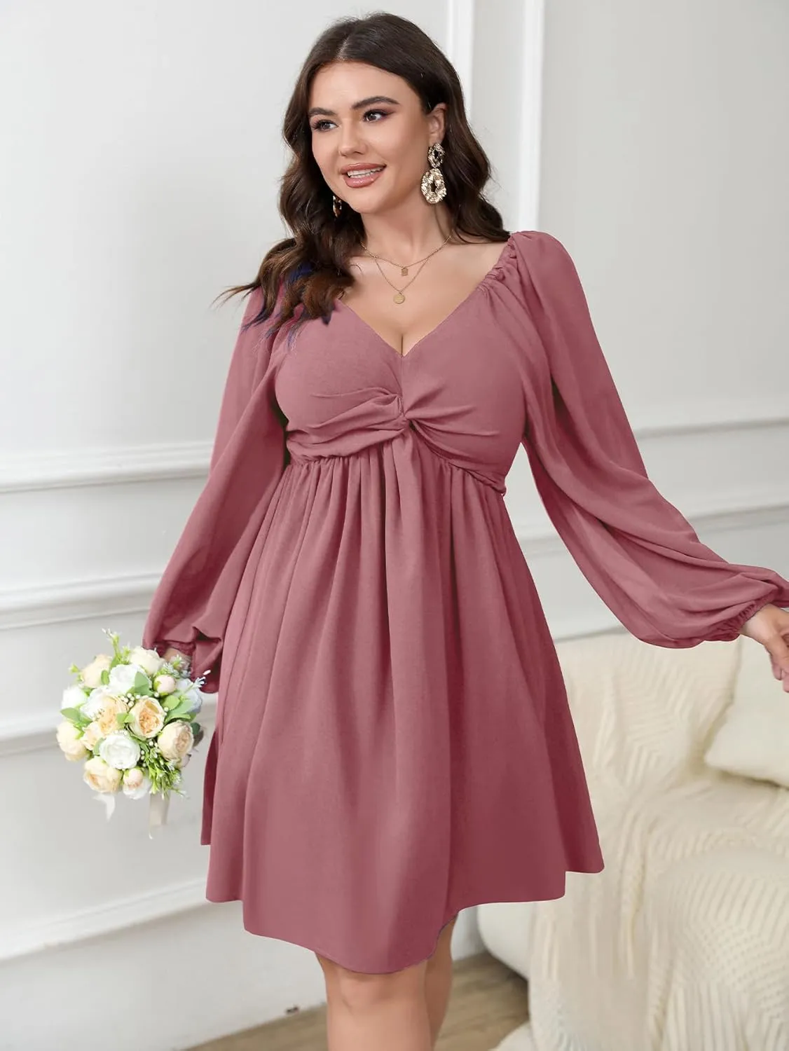 SCOMCHIC Women's Plus Size Puff Long Sleeve Dresses Sweetheart Neckline A Line Short Wedding Guest Cocktail Dress