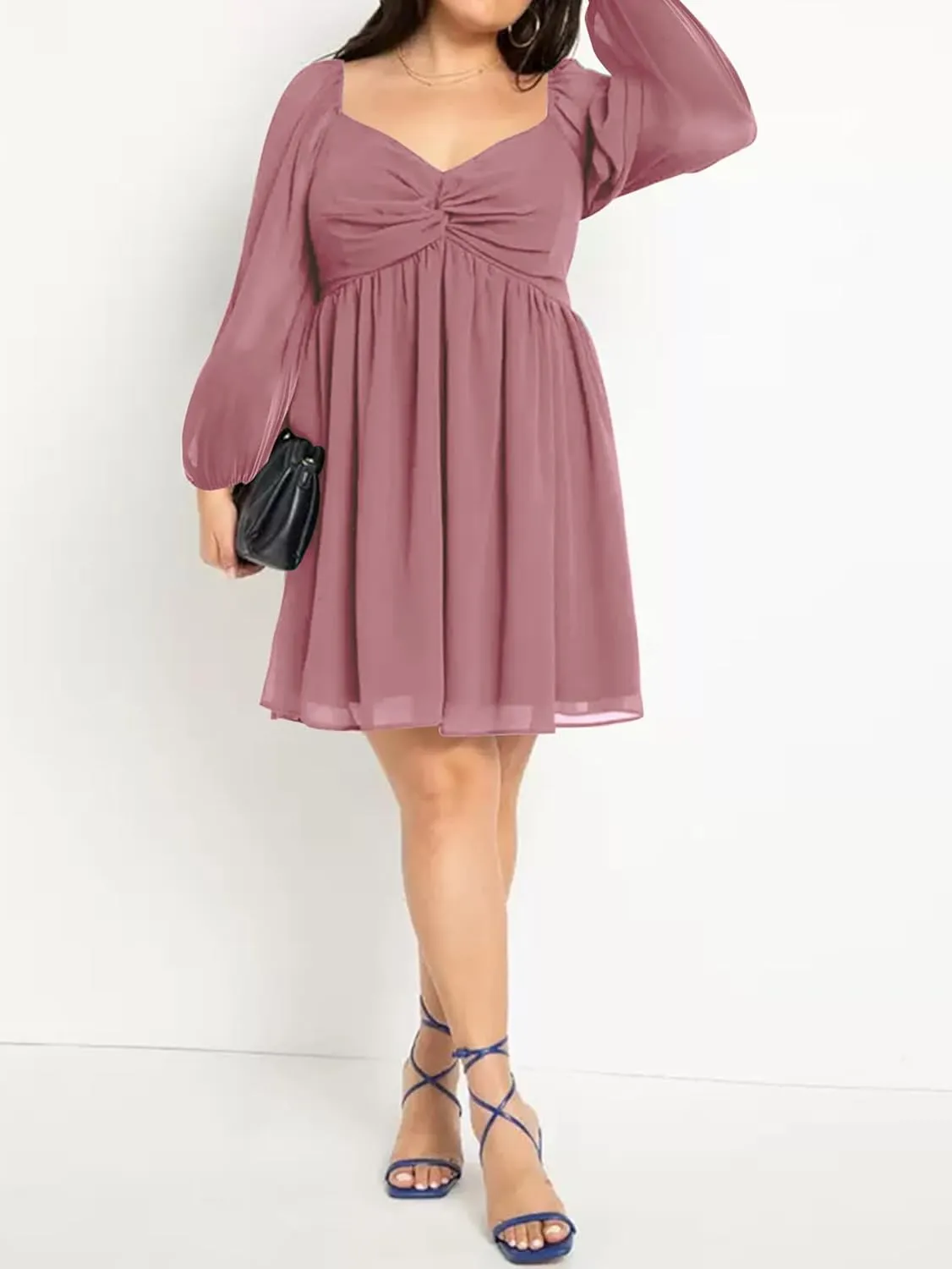 SCOMCHIC Women's Plus Size Puff Long Sleeve Dresses Sweetheart Neckline A Line Short Wedding Guest Cocktail Dress