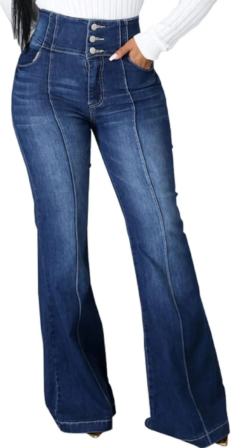 SeNight Women Bell Bottom Jeans Elastic Waist Ripped Flared Jean Destroyed Raw Hem Denim Pants