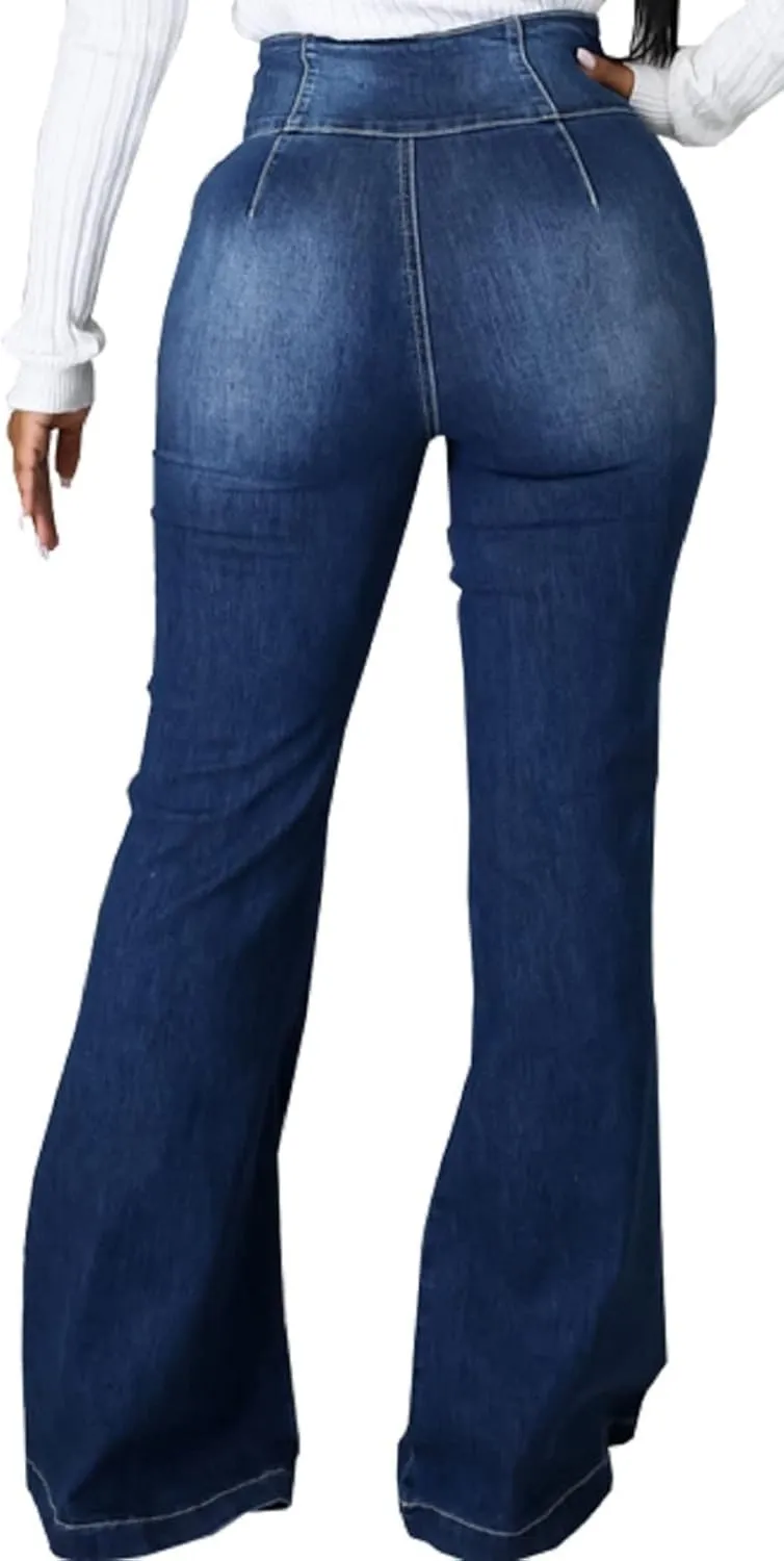 SeNight Women Bell Bottom Jeans Elastic Waist Ripped Flared Jean Destroyed Raw Hem Denim Pants