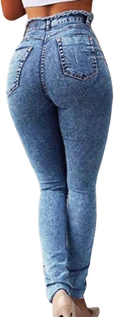 Sexyshine Women's High Waisted Skinny Destroyed Ripped Hole Denim Pants Long Stretch Pencil Jeans